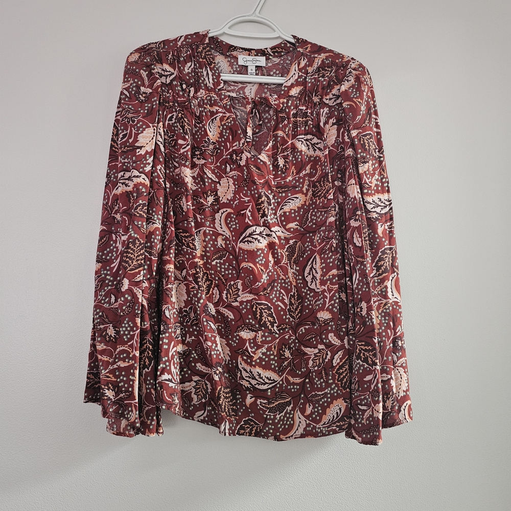 Jessica Simpson Burgundy Red Floral Paisley Bell Sleeve Blouse Whimsigoth Boho